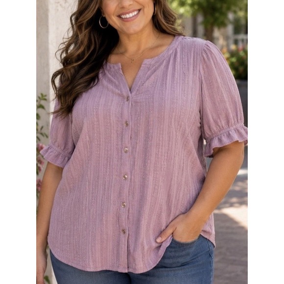 Cable & Gauge Tops - Cable & Gauge Women's Textured Puff Sleeve Button Front Blouse Mauve Pink 2XL
